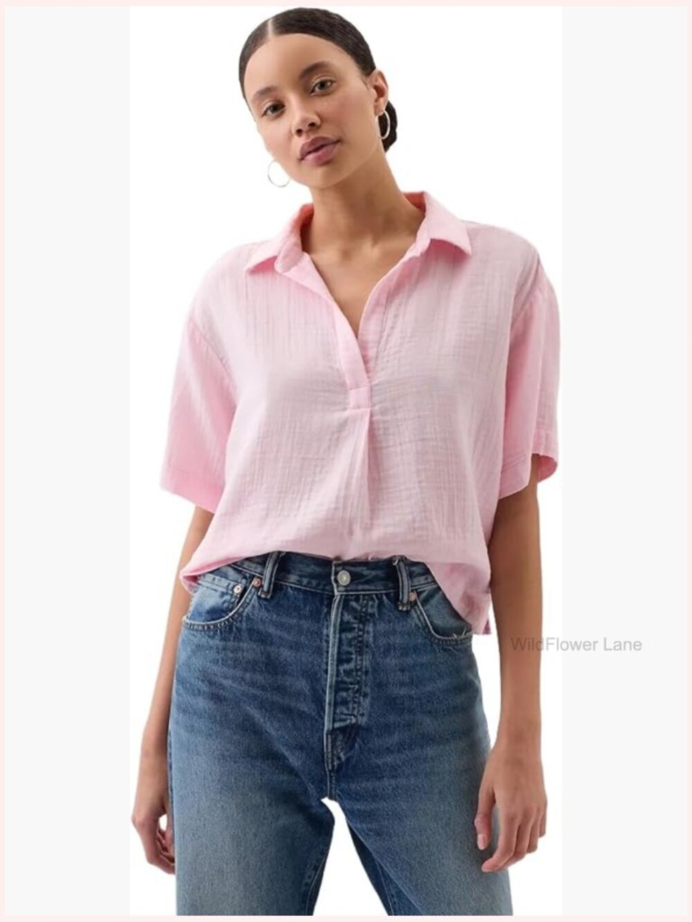 Short Sleeve Popover Top with Johnny Collar Gauze Blouse